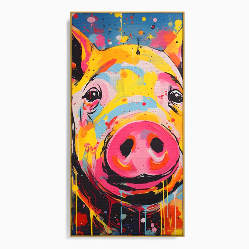 Tablou canvas cu tablou canvas portret de porc colorat, in rama de aluminiu auriu